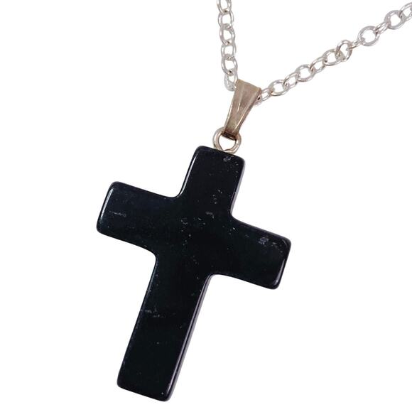 Plain Onyx Cross Pendant Necklace Silver Plated Chain Christian Faith Jewelry - Picture 1 of 11